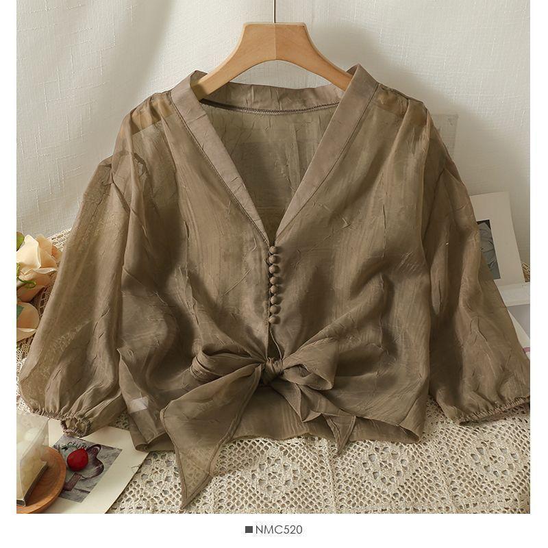 Áo Phông Cơ Bản Cho Nữ, Thiết Kế Thời Trang Mới Mùa Hè 2024, Áo Sơ Mi Tay Phồng Độc Đáo Áo Voan Chống Nắng Buộc Dây Kiểu Pháp, ngắn Tay, Hoa Cho Phụ Nữ, Làm Bằng Bông