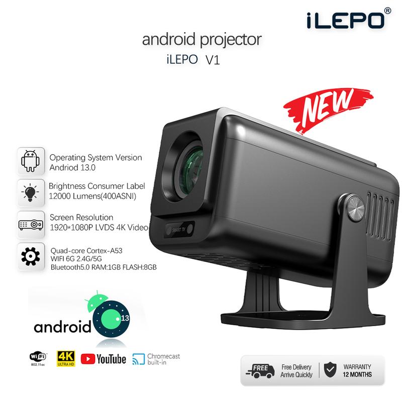 Máy chiếu mini FULL HD dộ sáng cao tích hợp android 13.0 giải trí gia đình bảo hành 1 năm máy chiếu ILEPO V1