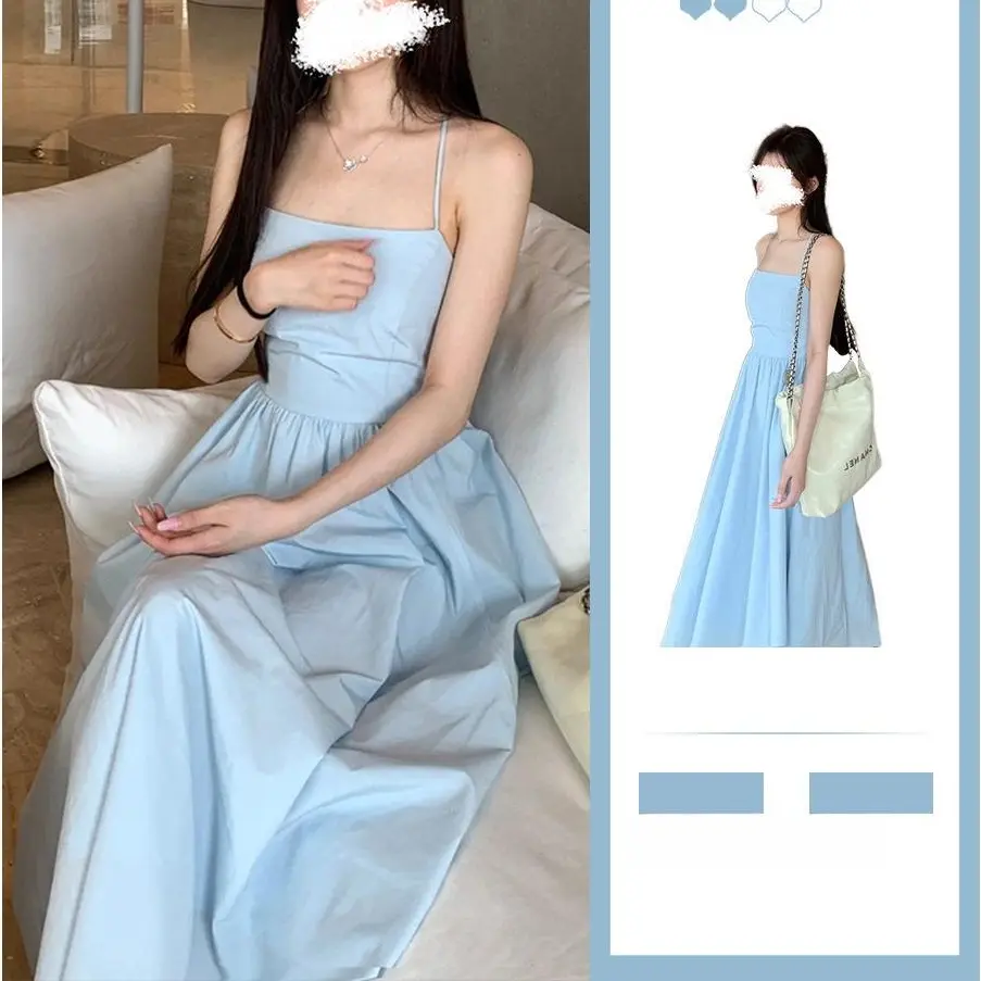 French Style Blue Strap ethereal  prom Dress For Women Summer Texture High Sense Pear-Shaped Figure Seaside Vacation Beach Fitted Basic Lingerie Lady Minimalist Comfort Wear Womenswear costume muse intrams Formal Dresse Gowns Sleeveless italic outfit