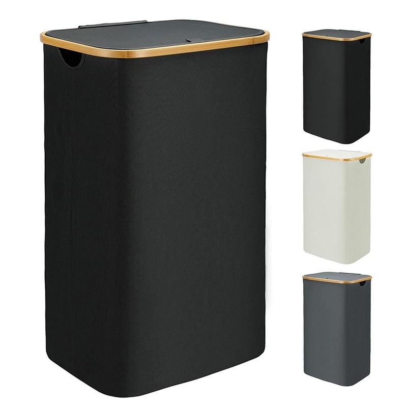 Product Introduction of Upgrade Collapsible Slim Laundry Hamper with Lid Foldable Removable Inner Bag Clothes Basket Bin Bamboo Handles Freestanding Storage Bins Towels 10