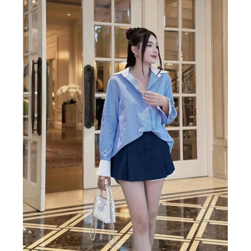 BIGSIZE HIẾU HIẾU 55-95KG - Set áo sơ mi xanh tay dài xẻ lưng cột nơ kèm chân váy jeans dáng ngắn