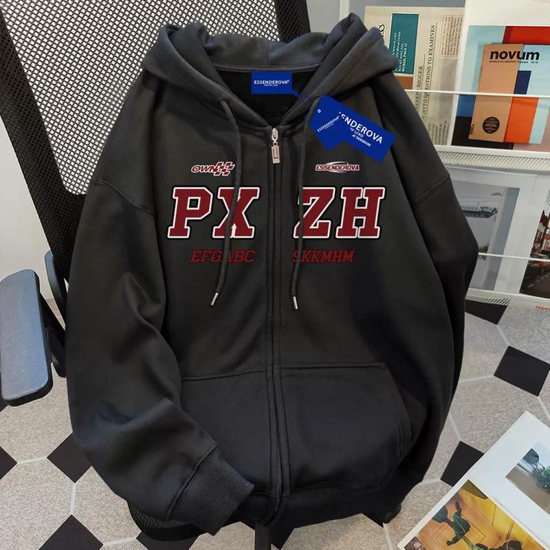 Áo Hoodie Cardigan In Chữ, Thời Trang HipHop, Độn Nhung Mùa Đông, Dáng Rộng Vừa Vặn, Áo Khoác Có Dây Kéo Cặp Đôi, Dành Cho Nam Giới, Phong Cách Dễ Phối Đồ 2024 Menswear Dài Tay 1