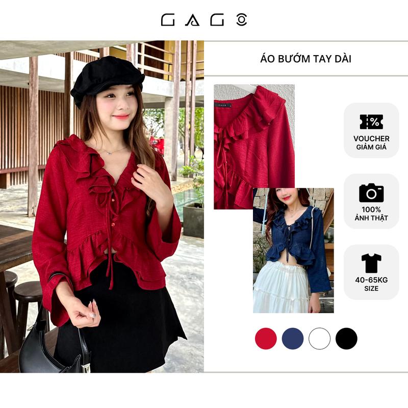 Áo kiểu thời trang nữ nhún bèo cánh bướm tà và cổ áo cổ V tay dài nhiều màu GAGO GA4369 4708 Top Women Sơ Mi Shirt Trắng