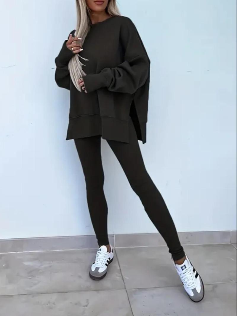 Product Introduction of Women's Solid Split Hem Sweatshirt & Pants Two-piece Set, Casual Fashion Cozy Breathable Two Piece Outfits for Daily Outdoor Wear, Ladies Clothes Fitness  for All Seasons 2