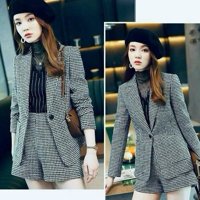 SET ÁO BLAZER TAY DÀI QUẦN NGẮN HOẠ TIẾT ZICZAC Women Top Kem Vest