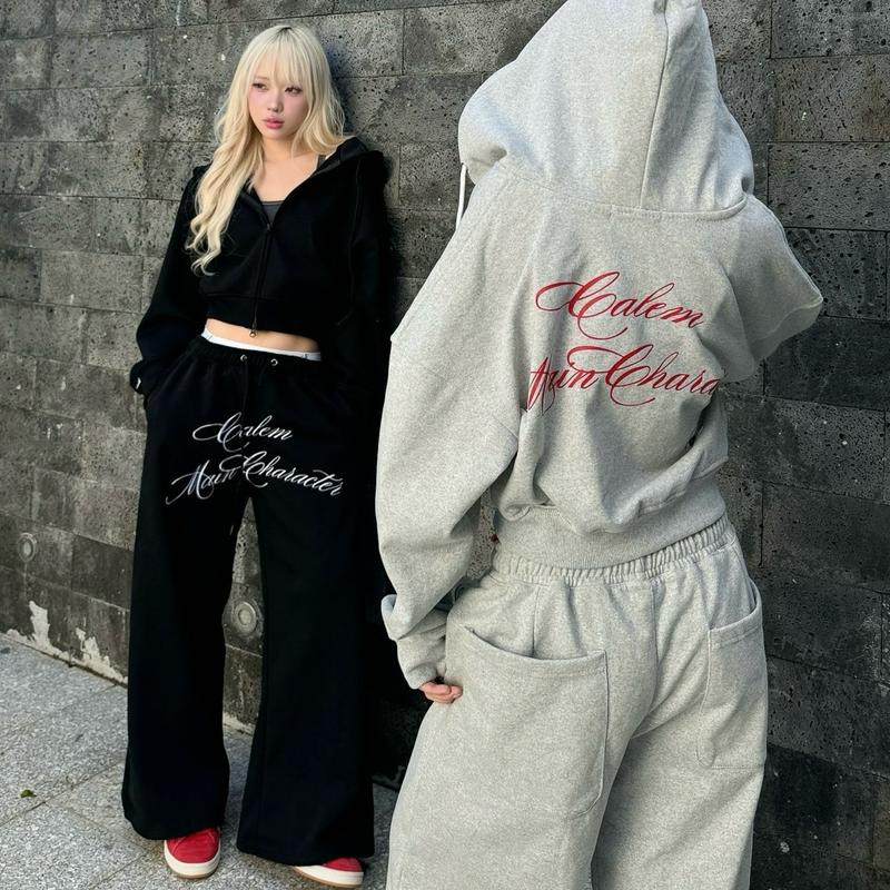 KHÔNG XÙ LÔNG Set Nỉ Chân Cua Quần nỉ dài ống rộng và Áo Khoác Nỉ Dây Kéo 2 đầu Calem Club form boxy có họa tiết chữ in thêu set nỉ mùa đông nữ