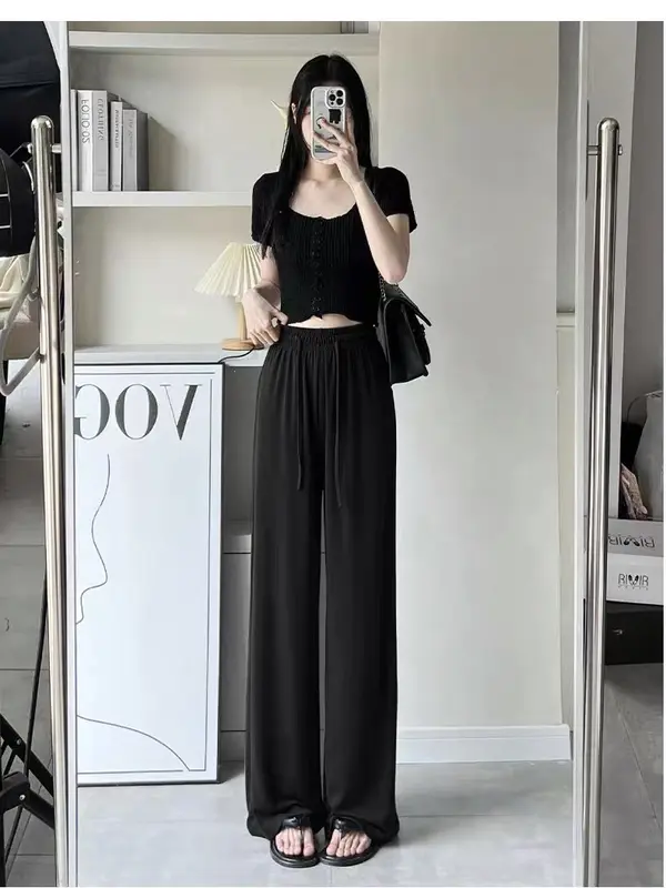 Quần tăm suông ống rộng có Bigsize vải tăm lạnh siêu mát, quần ống sớ co giãn dáng dài mềm rủ có túi quần kèm dây rút eo 1