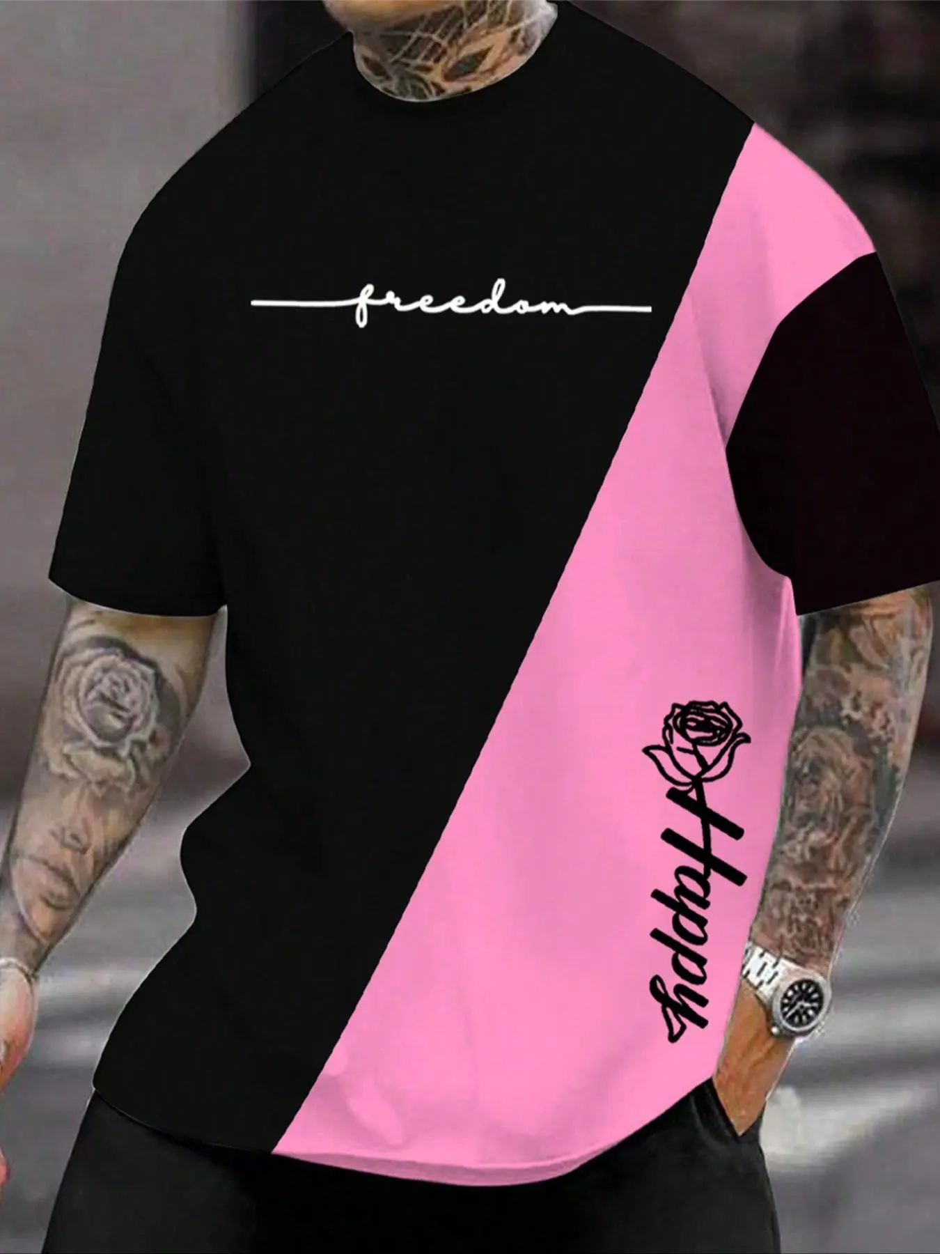 Men's Colorblock Rose Print Short Sleeve Graphic Tee, Regular Fit Casual Fashion T-shirt for Summer Daily Wear, Men's Clothes, Top
