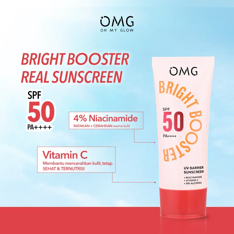 [6.6 MEGA SALE] OMG Oh My Glow Bright Booster UV Barrier Sunscreen 25 Ml SPF 50 PA+++  - Untuk Semua Jenis Kulit - Tone Up Sunscreen - Ringan, Cepat Meresap, Cerah Instan - Mengandung Niacinamide & Vitamin C - Sunblock, Tabir Surya 4