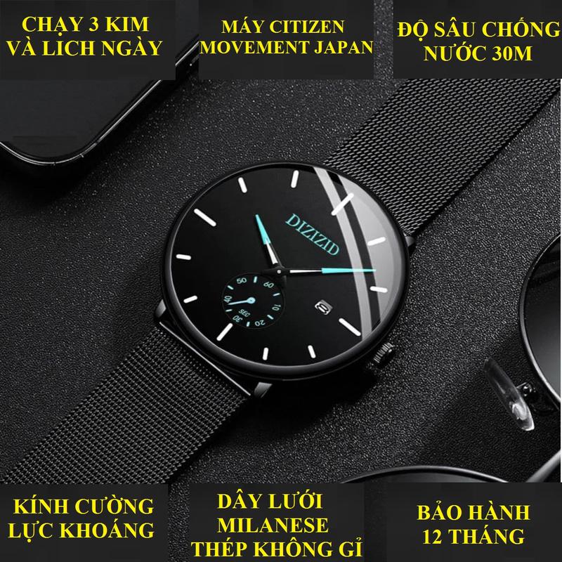  Đồng hồ nam chống nước DIZIZID chính hãng mặt mỏng chạy full 3 kim và lịch ngày - Thiết kế nam tính & lịch lãm - Kim phối màu thời thượng - Dây thép lụa đen cao cấp DZ79  Tặng kèm pin dự phòng  