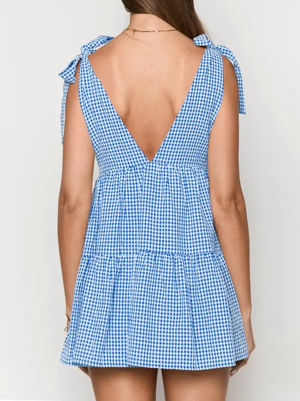Women's Plaid Print Bow Decor Tie Shoulder Sleeveless Dress, Casual Fashion Gingham Dress for Daily Holiday Vacation Wear, Ladies Dress for Summer, Going Out Dresses, Womenswear, Casual Classy Dress, 5