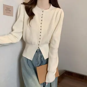 Kemeja Bawahan Retraksi Pinggang Wanita Kardigan Rajut Lengan Panjang Pakaian Rajut Belahan Lengan Gelembung | [SIAMTREE]