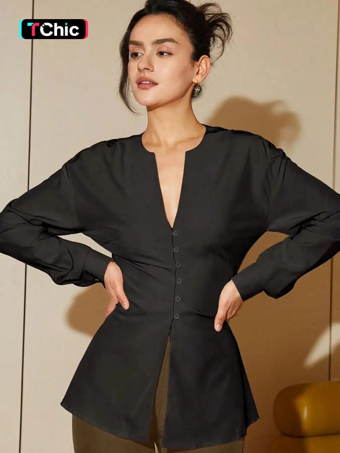 Women's Plain Button Front Notched Neck Blouse, Elegant Bishop Sleeve Top for Fall & Winter, Women's Clothing for Daily Wear