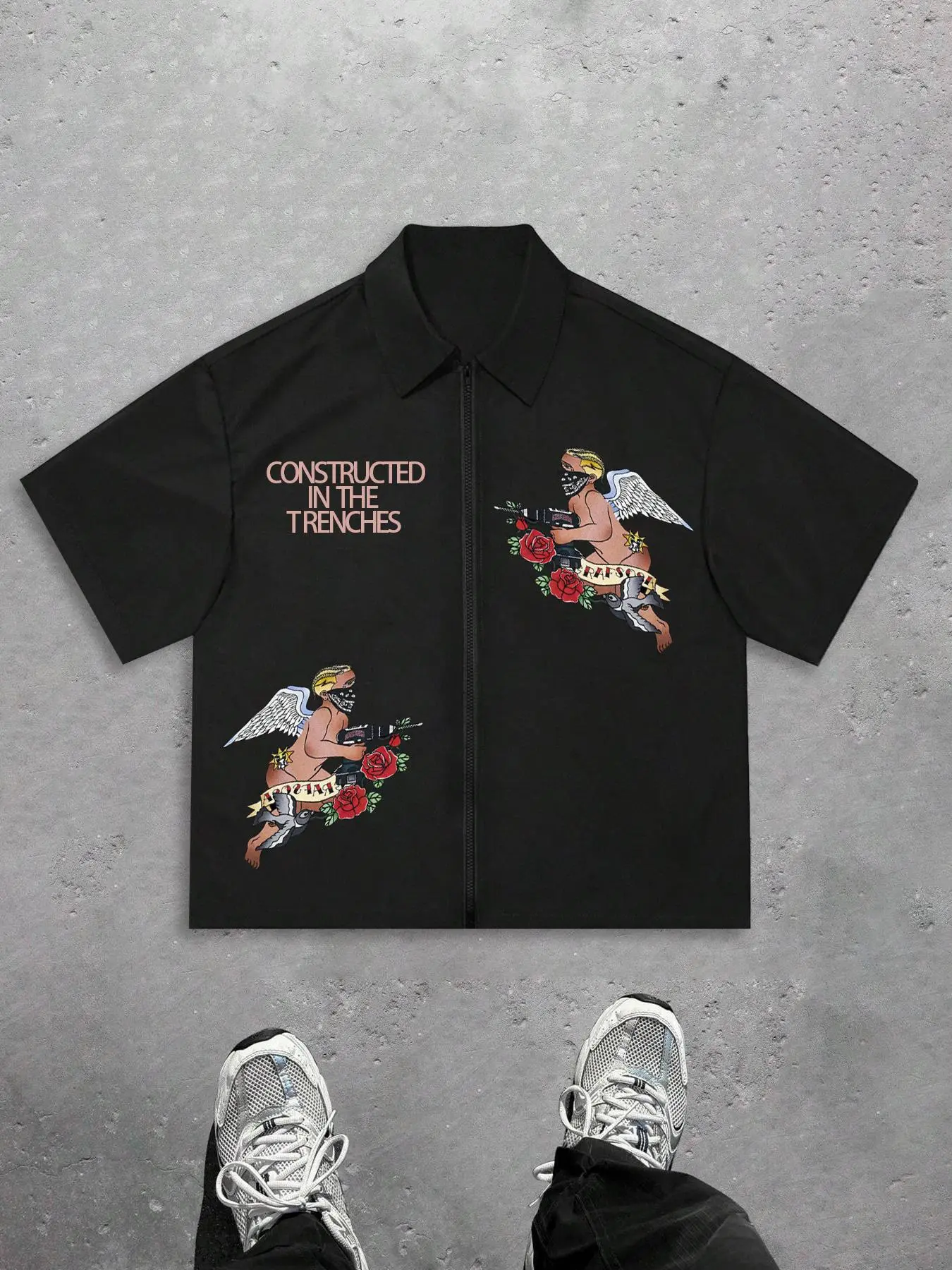 Men's Angel & Letter Print Short Sleeve Shirt, Regular Fit Casual Graphic Button Shirt for Summer, Men's Top for Daily Wear