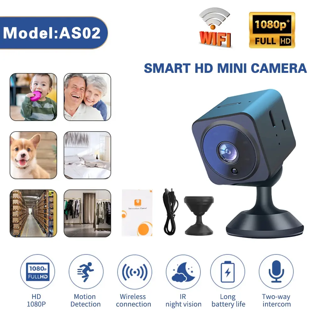 2024 New AS02 AS02 Mini cctv Wireless Spy hd Camera Automatic Night Vision Two-Way Voice Indoor Kids Security Webcam 360 camera