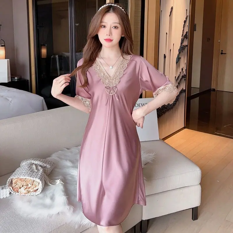 Summer Pajamas Women's New Ice Silk Skirt Lace Pure Desire Style Women's Dress Slim Ins Sexy Nightdress Home Wear