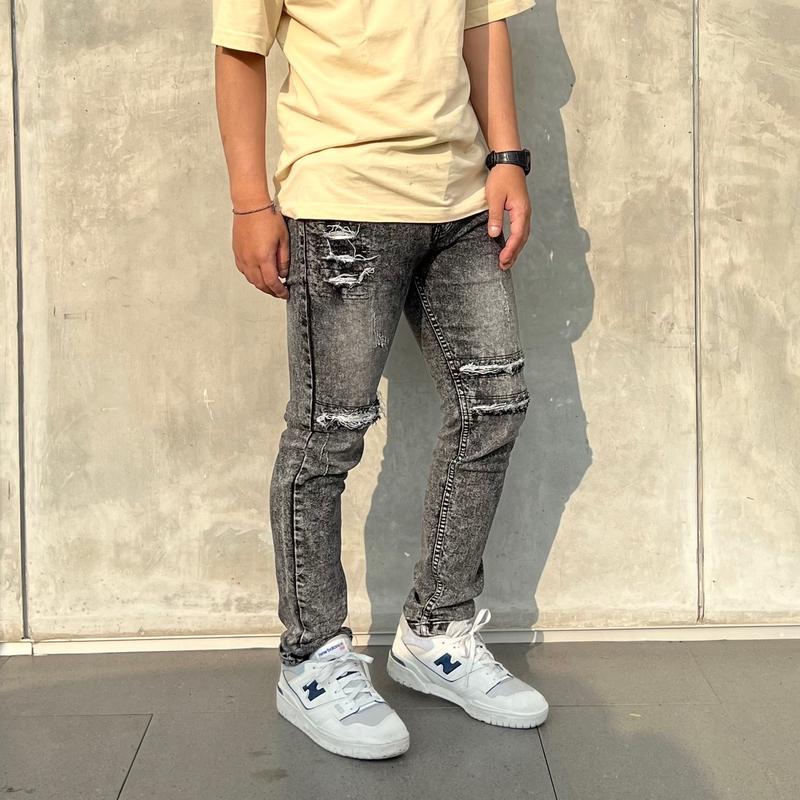 Celana jeans denim pria motif sobek straigh slim ripped Stretch Panjang Fit Slimfit Skinny 2