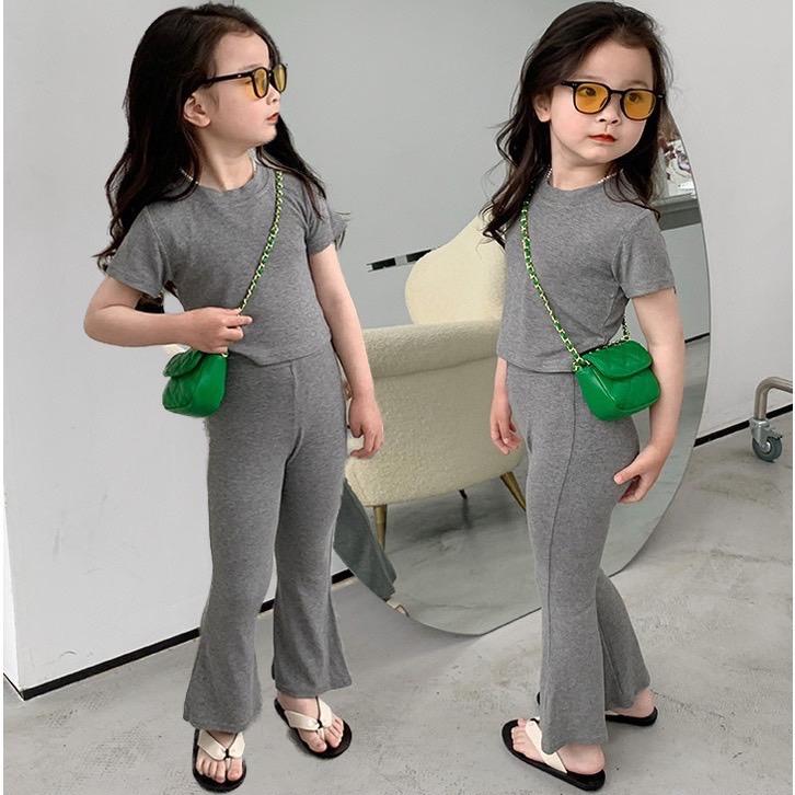 [TRÒN VÀ CAO TĂNG SIZE] Set bộ áo croptop quần ống loe chất thun cotton bozip co giãn 4 chiều cho bé gái 08-25kg