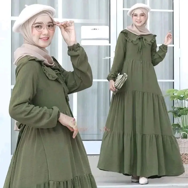 Gamis Midi Dress Rempel Ruffle Susun Crinkle Airflow Premium Muslim Wanita Nyaman Panjang Balon Variasi Remaja Motif Kondangan Gaun Lebaran 0
