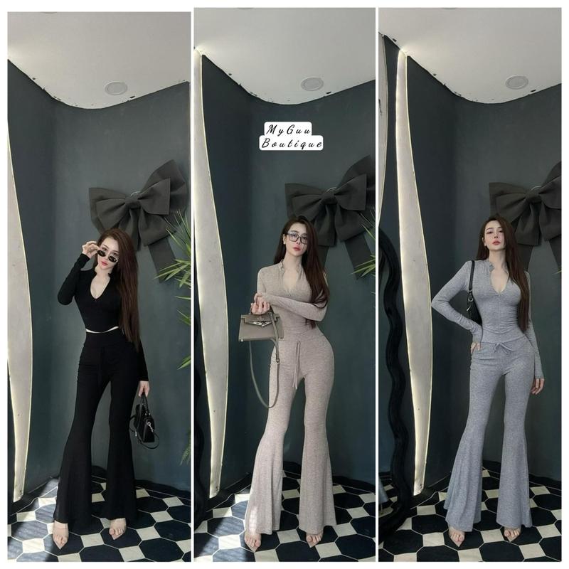 SL02 - Set bộ thun gân len Qc quần ống loe áo dây kéo tay dài cổ trụ Top Nữ Women Thun thường