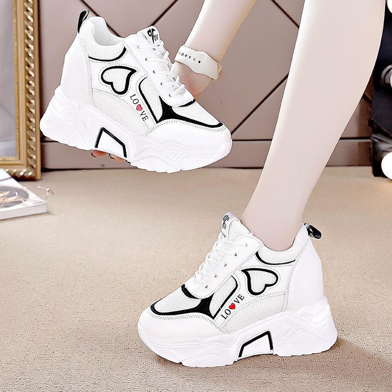 Giày Nữ, Đế Tăng Chiều Cao, Dày 8cm, Phong Cách 2024, Mùa Lò Xo, Trắng, Thoải Mái, Vô Hình, Giày Thoáng Khí, Tăng Chiều Cao Shoes Sneaker 2