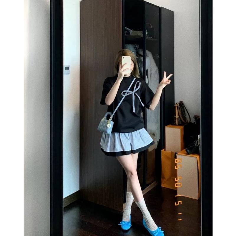 Product Introduction of [ Bigsize 55-100kg] Set áo phông nơ + chân váy mix kẻ tầng xoè nữ tính 2