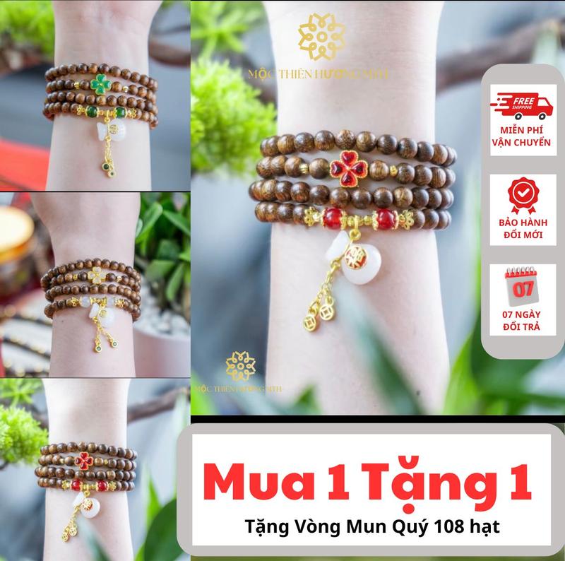 [MUA 1 - TẶNG 1] Vòng tay Bách Xanh 108 hạt Cỏ 4 Lá Mix Đá Charm Túi Tiền [MỘC HƯƠNG MH]