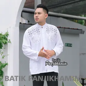 Baju Koko Pria Lengan Panjang Bordir Warna Putih Bahan Katun Adem Busana Muslim Dewasa Jumbo