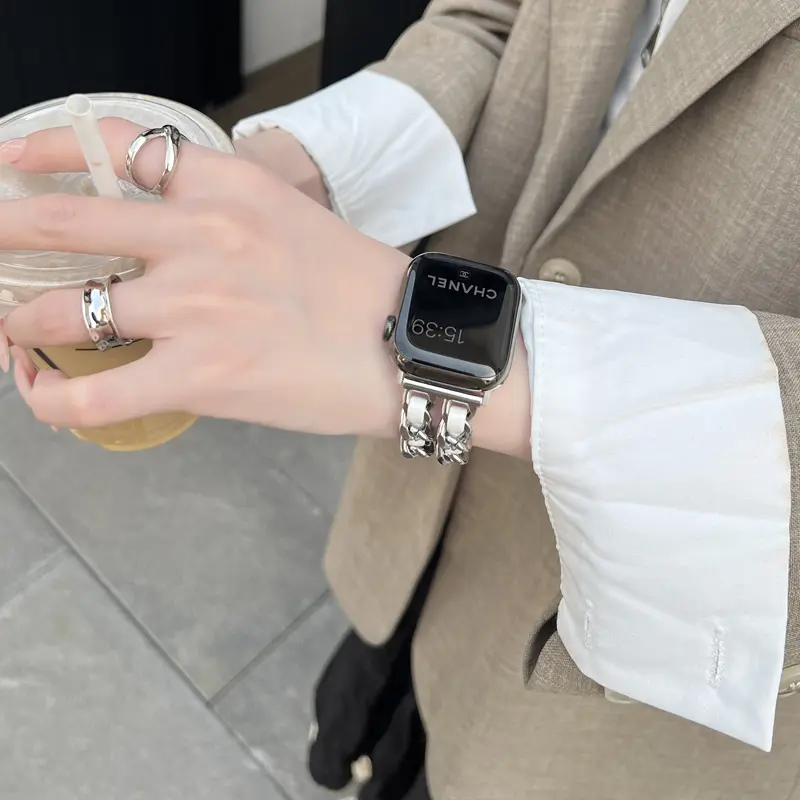 Dây Đeo Bằng Da Kim Loại Sang Trọng Cho Apple Watch, Dây Đeo 49Mm, 41Mm, 45Mm, 38Mm, 42Mm, 44Mm, 40Mm, Vòng Tay Nữ Cho IWatch Ultra 8 7 SE 6 5 4 Cao Su Smartwatch 1