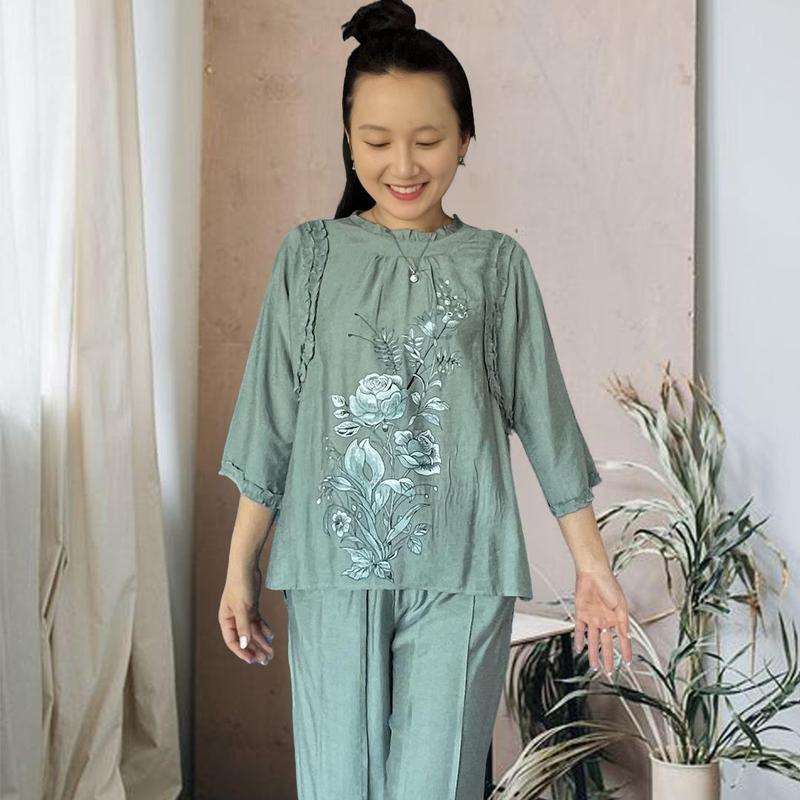 Bộ pháp phục phong cách trung niên tặng mẹ, tặng bà hoạ tiết in tinh tế truyền thống, chất liệu đũi nhật cao cấp Nữ Women Dress Áo Top Voi Jacket Nhung Quần xl đồng nâu 4