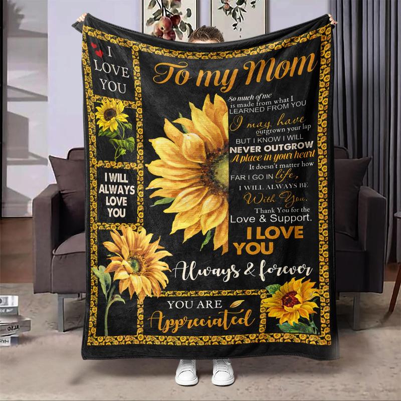 Sunflower & Letter Pattern Blanket Gift for Mom, Casual Soft Throw Blanket, All Season Blanket, Breathable Comfortable Blanket, Comfy Bedding for Christmas Decor, Air-conditioning Blanket for Home Office Travel, Christmas Gifts, Christmas Decorations 0