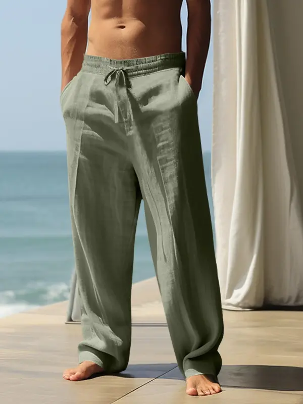 Men's Solid Color High-quality Cotton and Linen Straight Leg Pants, Casual Comfy Beach Pants, Men's Trousers for Summer Daily Wear, Baggy Legged Pants, Wide Legged Pants, Light Wash Trousers, Loose Fit Trousers 1