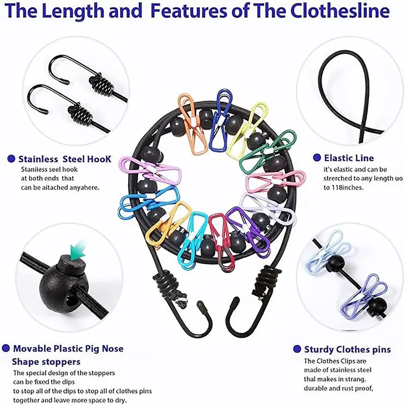 Portable Retractable Clothesline, 1 Count Windproof Clothesline with 12pcs Clips, Washing Line for Home Balcony Outdoor Camping 3