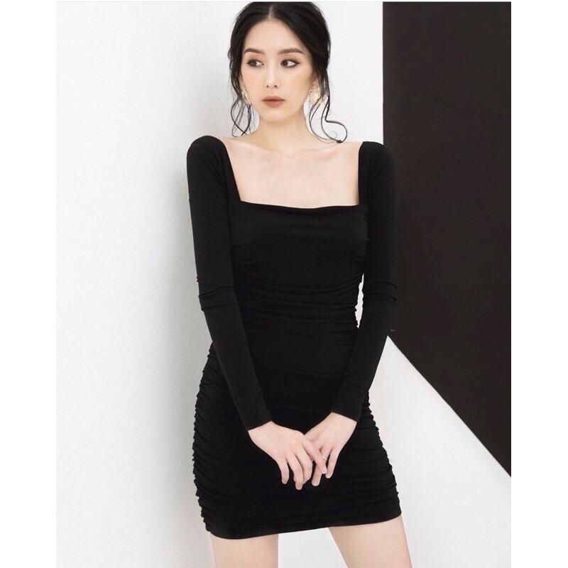 Váy body - Đầm body nữ dài tay cổ vuông nhún sườn  chất đẹp 2