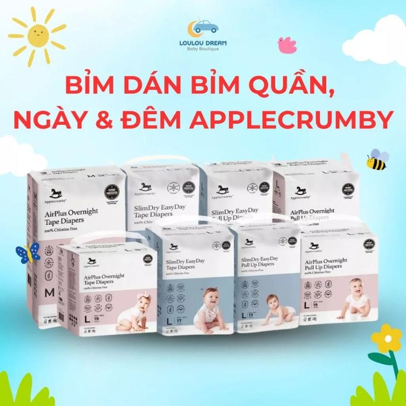 Tã bỉm ngựa dán quần Applecrumby SlimDry Easy Day, AirPlus Overnight ngày và đêm cho bé đủ size