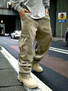 Men's Solid Color Pocket Jeans, Loose Casual Retro Fashion Denim Pants for Daily Wear, Men's Trousers for All Seasons