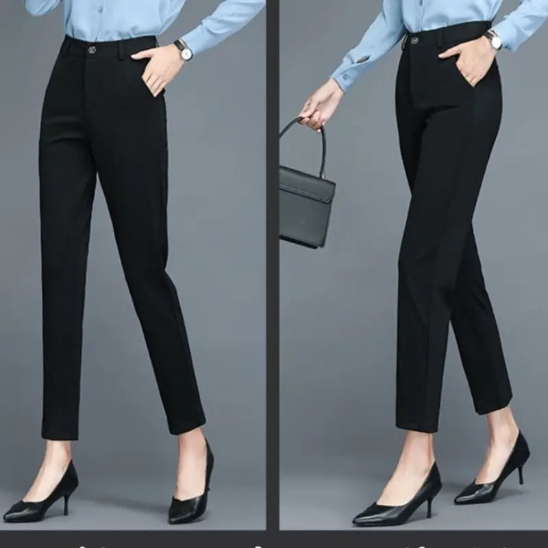 Quần vải nữ công sở dáng baggy ống đứng vừa kiểu mới cạp cao Quần tây nữ lưng cao đi học chất tuyết mưa màu đen trơn mềm Pants Denim Ong Women 4