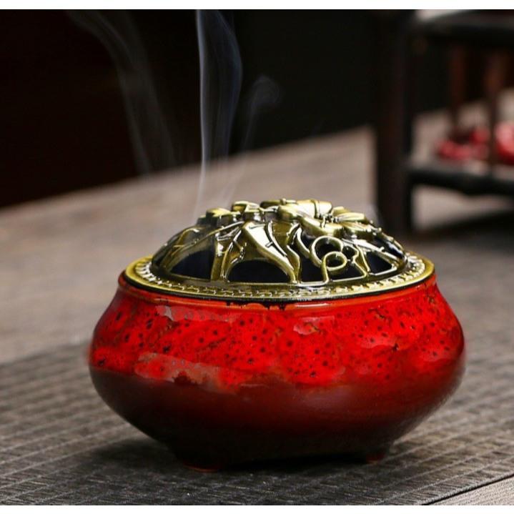 Lư sứ xông trầm hương - Nắp đồng hoa văn, sứ cao cấp 1