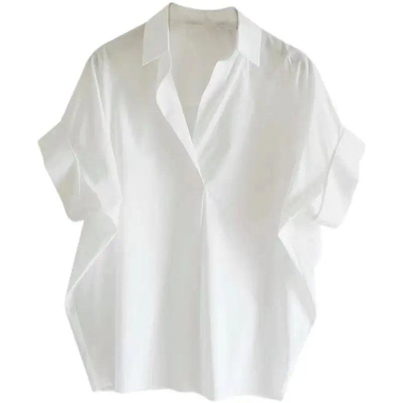 3 colors Korean Style Loose V-neck Batwing Sleeve White Shirt for Women Pony Embroidered blouse top