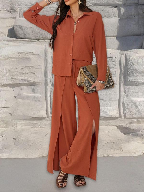 Women's Solid Color Top & Wide Leg Pants Two-piece Set, Casual Long Sleeve Top & Palazzo Pants for Spring & Fall, Women's Clothes for Daily Wear 4