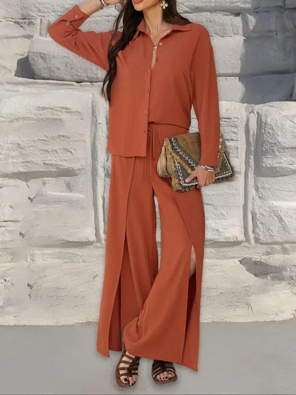 Women's Solid Color Top & Wide Leg Pants Two-piece Set, Casual Long Sleeve Top & Palazzo Pants for Spring & Fall, Women's Clothes for Daily Wear Womenswear Suits 4