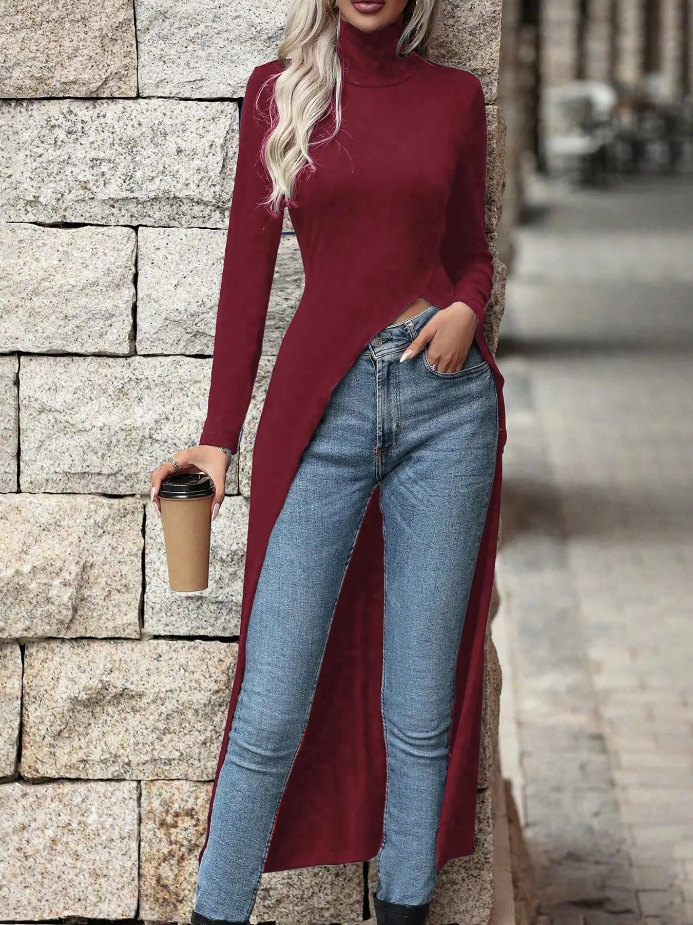 Women's Plain Turtle Neck Split Hem Tee, Casual Long Sleeve T-shirt for Daily Wear, Ladies Clothes for All Seasons, Top
