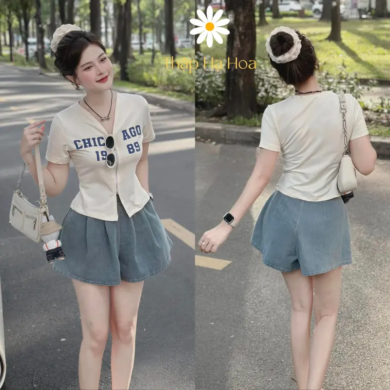 Set đồ nữ áo cổ V vạt xẻ kèm quần đùi ống rộng, áo nữ ngắn tay quần short TS140 Women Kem 0
