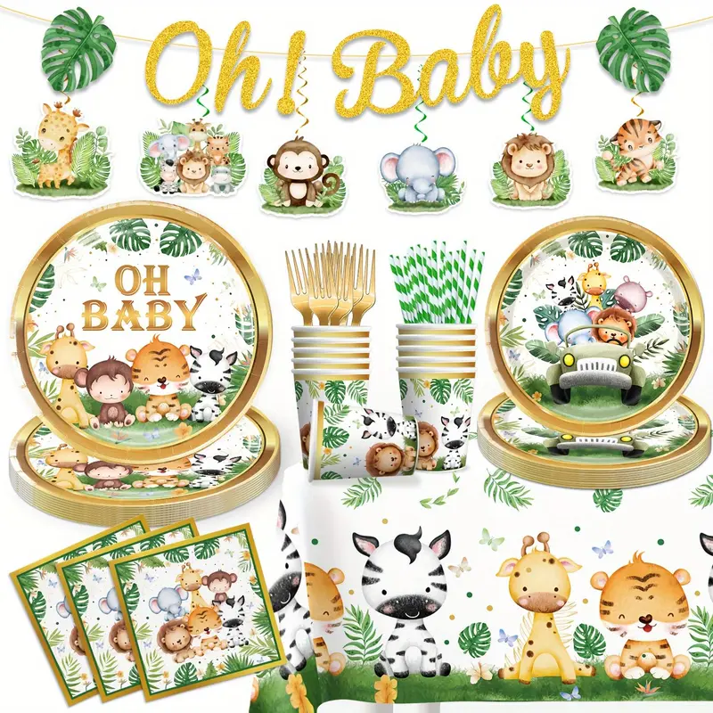 Jungle Animal Themed Disposable Tableware Set, 78pcs/set Including Plate, Cup, Napkin, Straw, Fork, Tablecloth, Party Supplies for Baby Shower 0