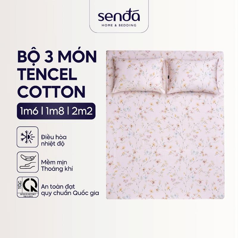  Bộ ga gối 3 món Lụa Tencel Cotton Sen Đá Home Bedding cao cấp họa tiết set 2 vỏ gối 1 ga giường bo chun 1m6 1m8 2m 2m2 