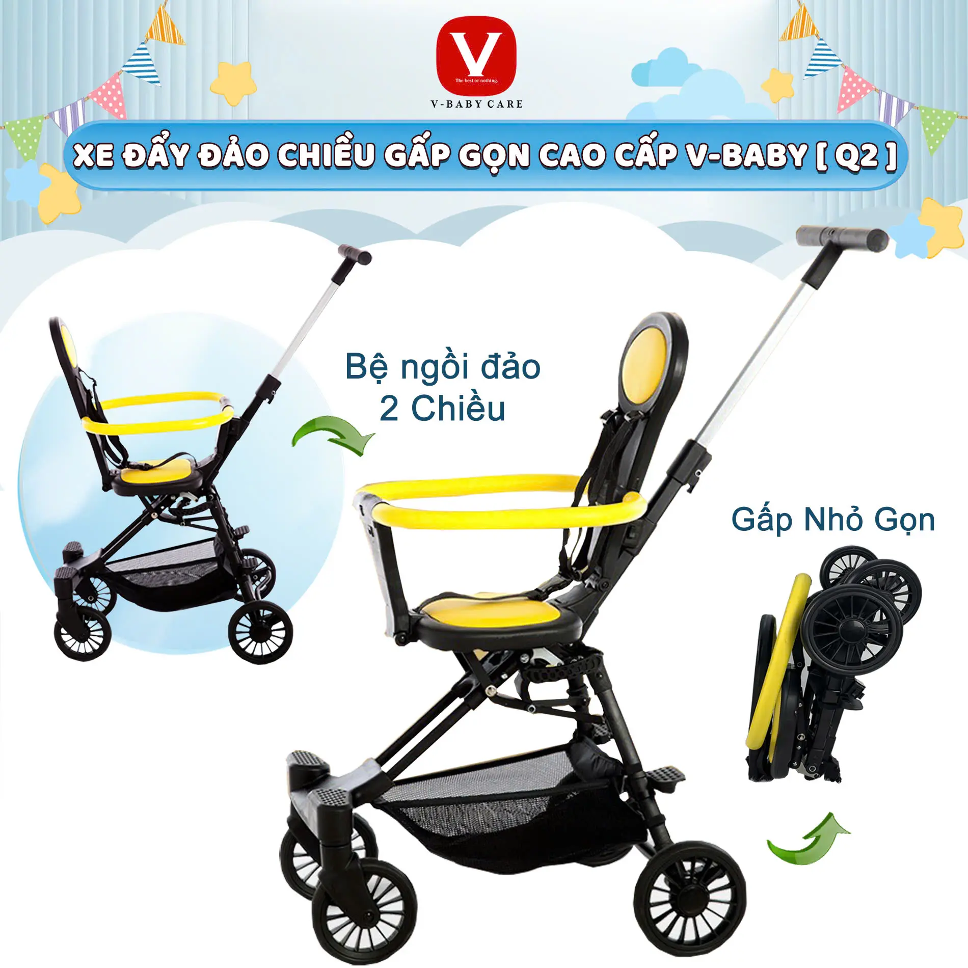 Xe Đẩy Cho Bé V-BABY Q2 - Đảo Chiều Gấp Siêu Gọn, Dây Đai An Toàn Bảo Vệ Khung  ( Mã Lô Hàng Cũ Q1 )