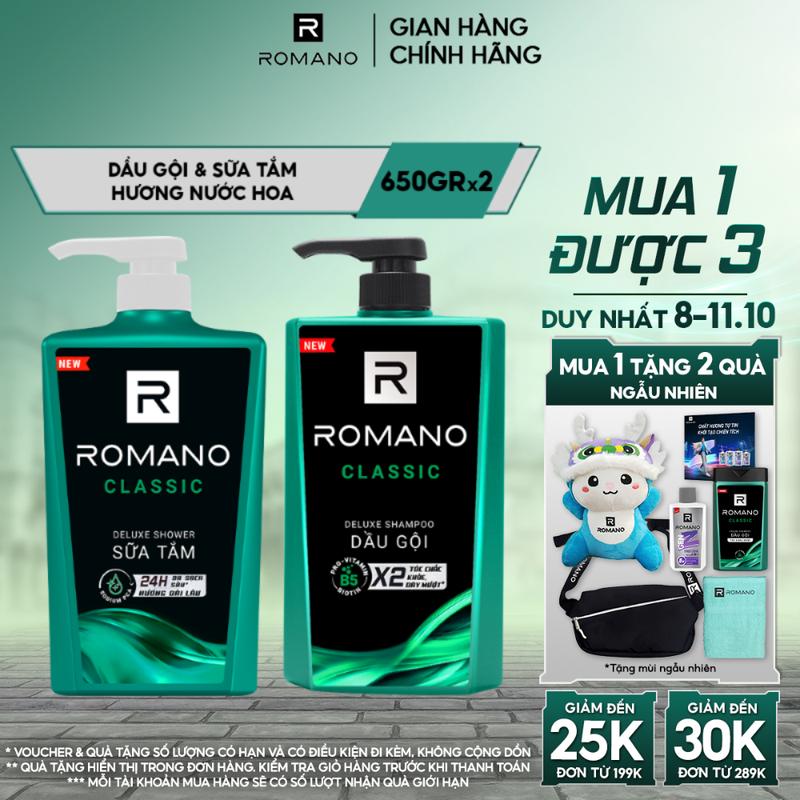 [ĐƠN 199K TẶNG 2 QUÀ] Combo Dầu gội và Sữa tắm cho nam Romano Classic cổ điển lịch lãm 650g/chai