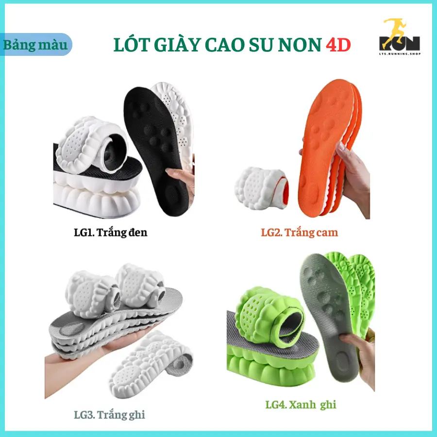 Lót giày cao cấp 4D, chất liệu cao su non đàn hồi, hấp thụ lực, êm chân, thoáng khí, khử mùi dành cho chạy bộ, tập luyện thể thao, đi làm...