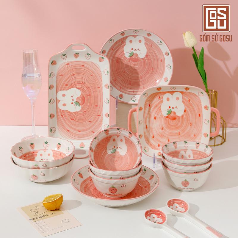 Bộ Bát Đĩa Cao Cấp Thỏ Hồng Men Sáng Mịn Đẹp