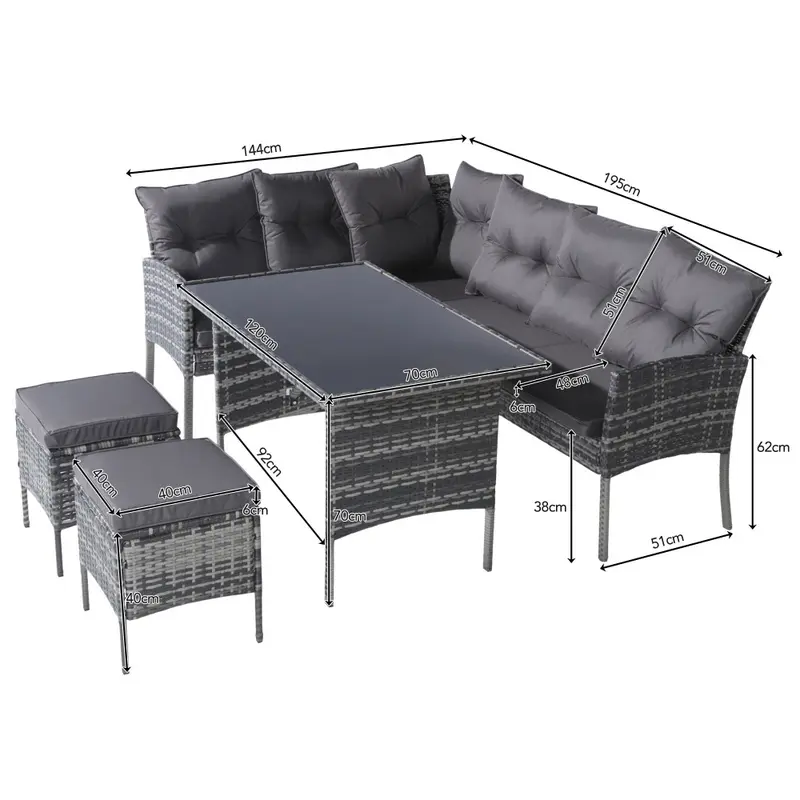 6-7 Seater Rattan Corner Sofa Set with Coffee Table - Mixed Khaki Wicker Garden Furniture - All-Weather Patio Set with Removable Light Cushions Chairs Couches 6